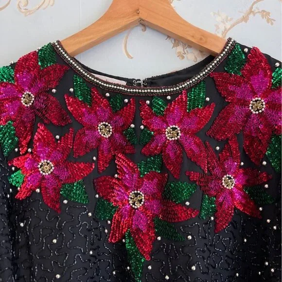 Vintage 90s Laurence Kazar Women Top Size XL Sequin Beaded Floral Party Holiday - Picture 4 of 13